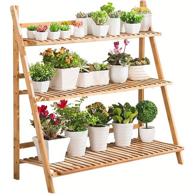TEMU Foldable Plant Stand 3 Tier Flower Ladder Stand Planter Ladder Stand Indoor Outdoor Garden Ladder Display Shelf Wooden Plant Ladder Storage Display Shelf For Living Room Balcony