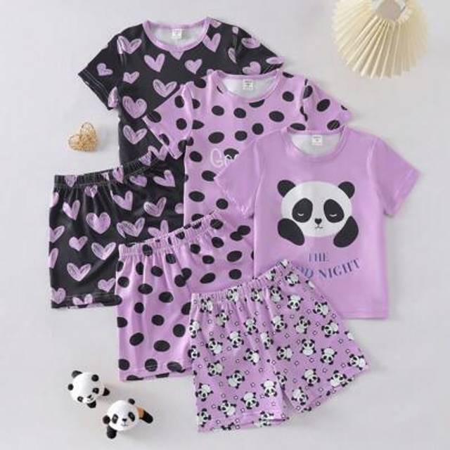 SHEIN 6pcs/Set Young Girl Sweet Cute Cat Polka Dot Print Short Sleeve Shorts Pajama Set