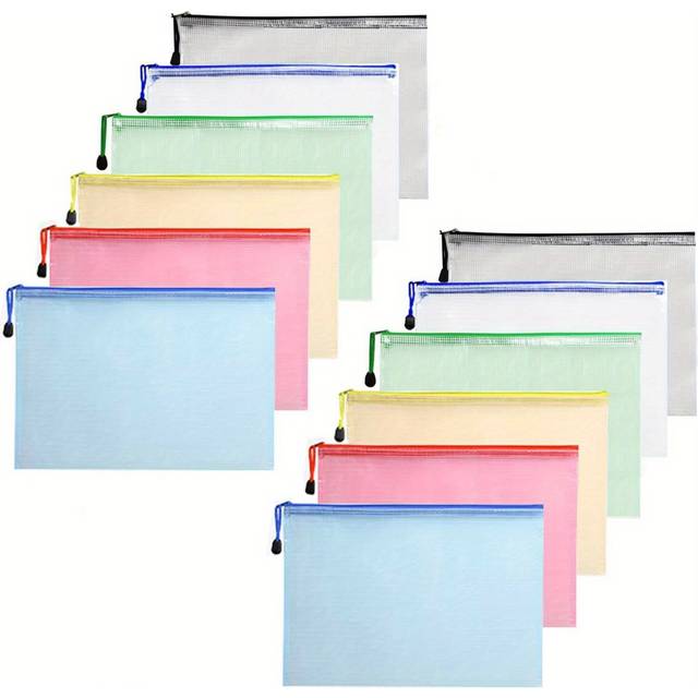 TEMU A5 Zip File Bag Mesh Document Plastic Wallet Folders Zipper Plastic Pockets ( Pack Of 12)