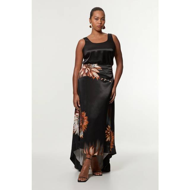 Plus Size Viscose Satin Printed Panelled Train Maxi Skirt - Floral