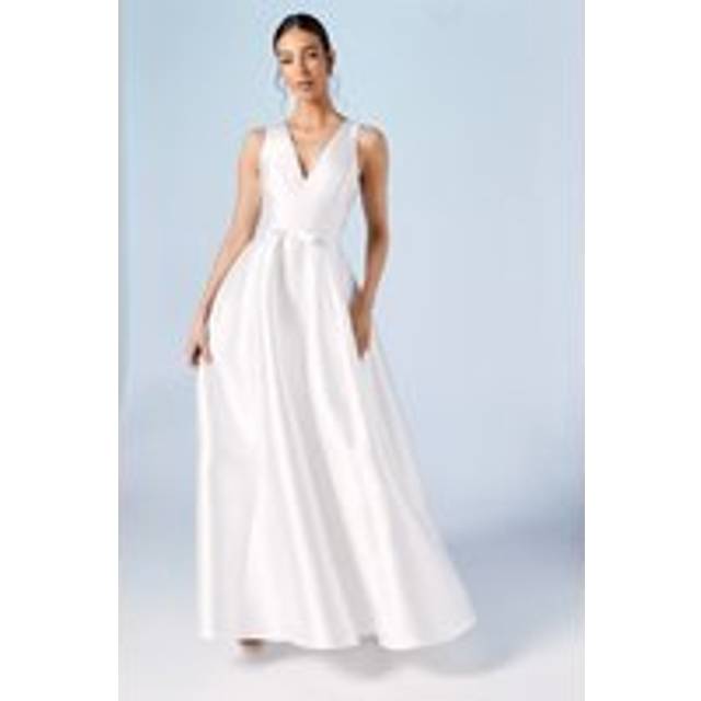 Plunge Neck Bow Waist Maxi Dress With Pockets - Ivory - 10