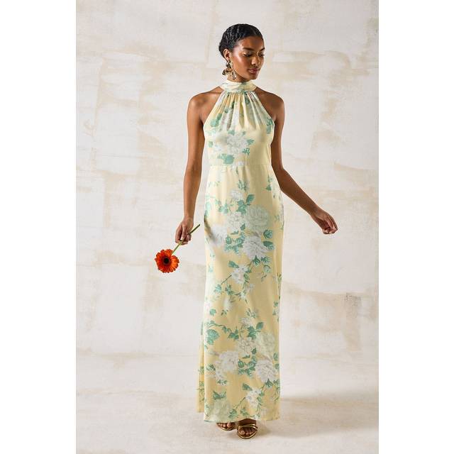 Dahlia Printed Satin Halterneck Bridesmaid Dress - Lemon - Yellow - 10
