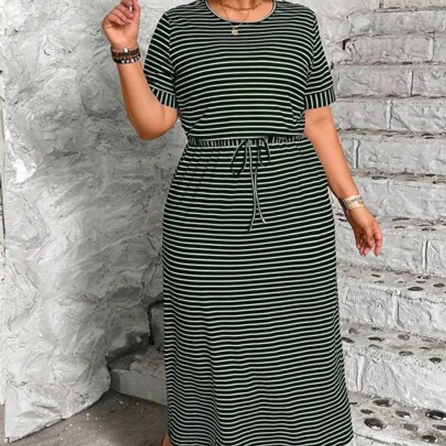 SHEIN Plus Size Comfortable Elastic Striped Waist Casual Dress For Women, Spring/Summer