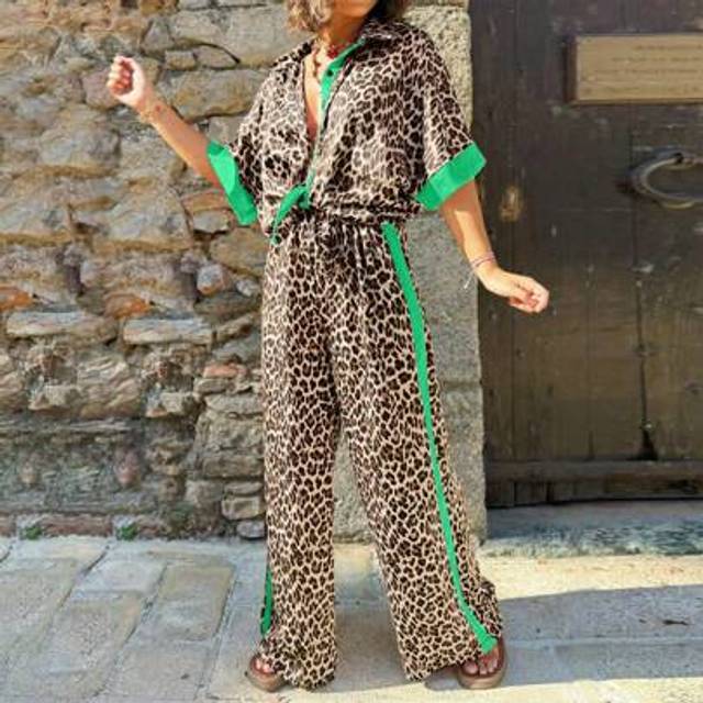 SHEIN Elegant Spring&Summer Ladies Leopard Print Contrast Short-Sleeved Shirt And Trousers Two Pieces Suit, Green Contrast Fashion Designlapel Single-Breast
