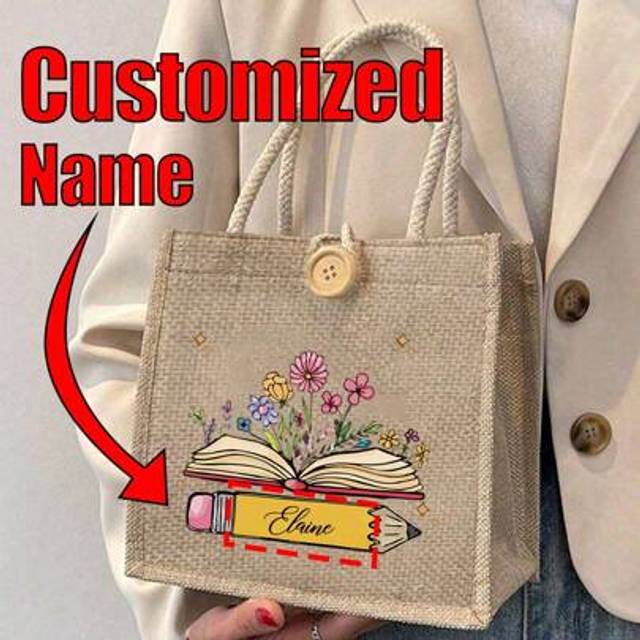 SHEIN Customized Name Linen Handbag, Personalized Handbag, Printed With Flowers, Books, Pencil Patterns, Can Customize The Text You Want On Pencil Patterns,