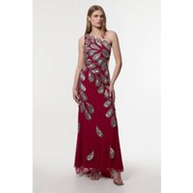 Paisley Embellished One Shoulder Maxi Dress - Pink