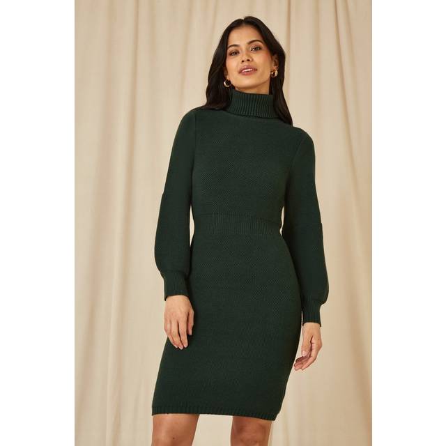 Green Roll Neck Knitted Dress With Fitted Waist - S