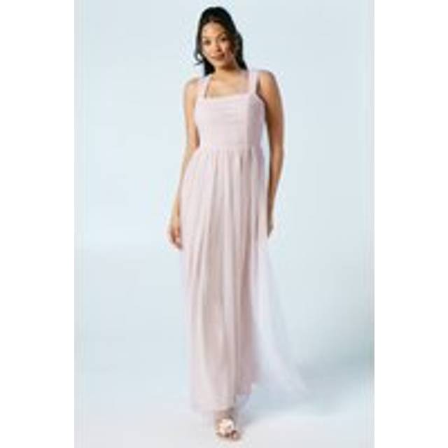 Square Neck Mesh Maxi Bridesmaid Dress - Pink - 10