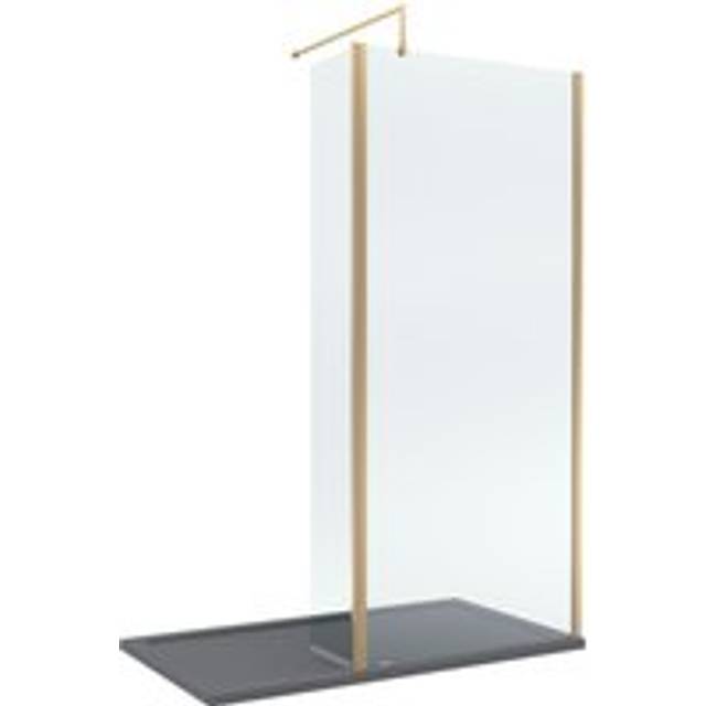 8mm Glass Walk In Wetroom Screen and Hinged Return Screen with Brushed Brass Profile and Grey Shower Tray - 1400 x 800mm