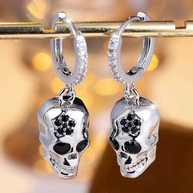 TEMU Gothic Chic Skull Dangle Earrings - Hypoallergenic Nickel-free Copper, Sparkling Cubic Zirconia Accents, Halloween Parties, Casual , And Goth Fashion Enthusiasts