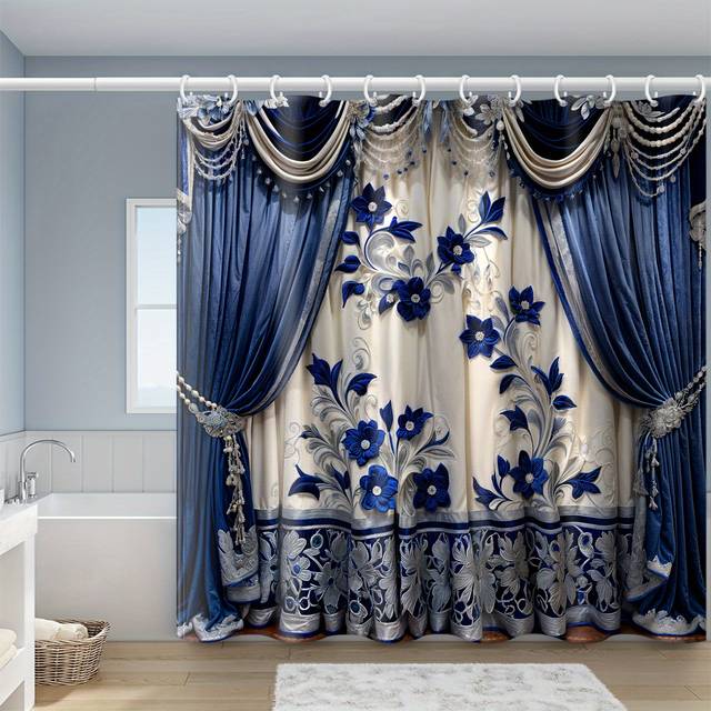 TEMU 1pc Blue And White Light Luxury Flower Printed Shower Curtain, Polyester Fabric With Hooks, Bathtub Bathroom Home Decor Shower Curtain, Universal 71x71 Inches