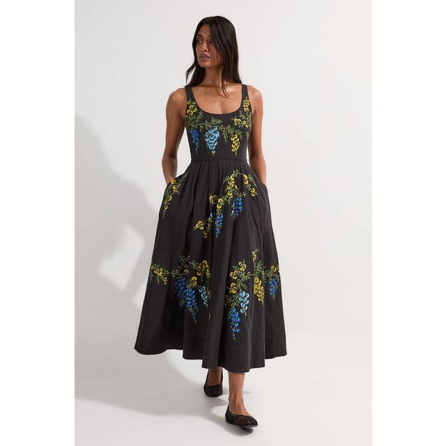 Floral Embroidered Cotton Linen Woven Prom Dress - Black