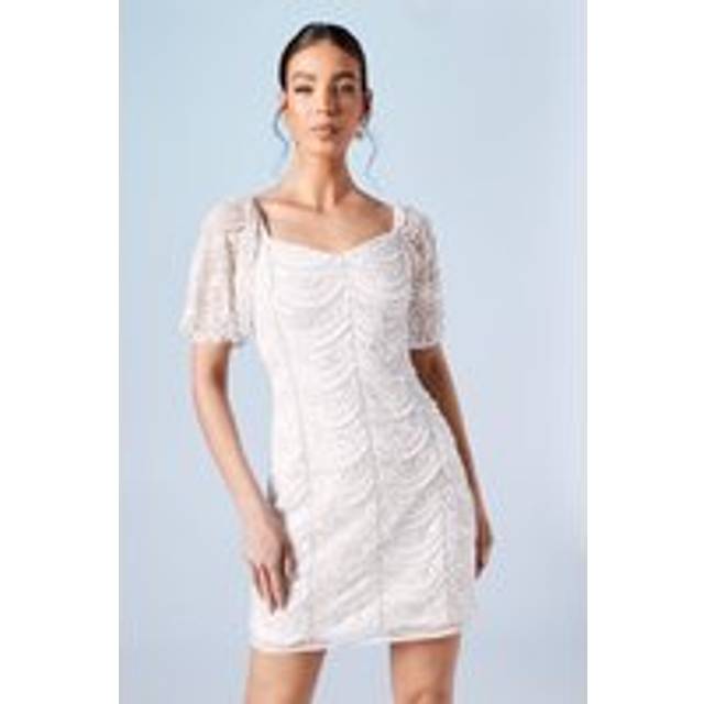 Pearl Scallop Detail Embellished Bridal Mini Dress - Ivory - 12