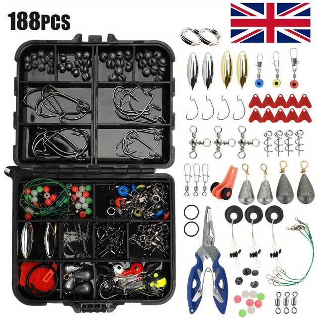 TEMU 188pcs/ Set Sea Fishing Accessories Tackle Box Kit Set Jig-hooks Swivels Clamp