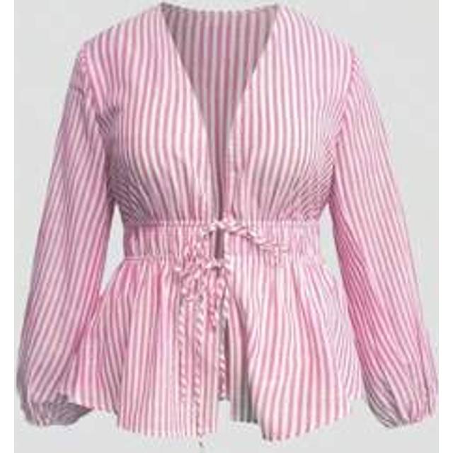 SHEIN Plus Size Women&#39;s Woven Striped Front Tie Loose Long Sleeve Blouse, All Season