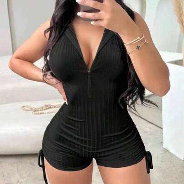 INAWLY Sexy Fitted Half Zip Front Lace-Up Hooded Jumpsuit For Women