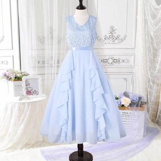 SHEIN Women Long Dress, Top Half Lace Material With V-Neck, Bottom Half Chiffon Fabric With Ruffle Trim
