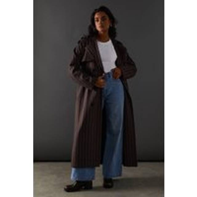 Womens Chocolate Pinstripe Belted Trench Coat - Brown - 14