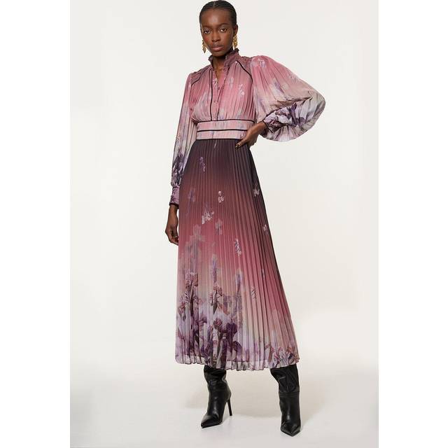 Crinkle Pleat Border Button Front Woven Maxi Dress - Floral