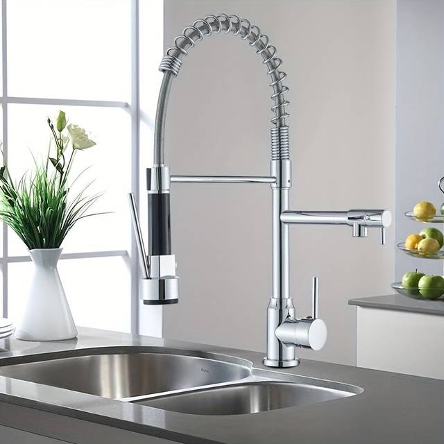 TEMU 1pc Contemporary High Arc Single Handle Kitchen Faucet With Pull-down Sprayer, Commercial Brass Single Hole Sink Mixer Tap, 360° Telescopic Nozzle, Water-saving Valve & Polished Chrome Finish