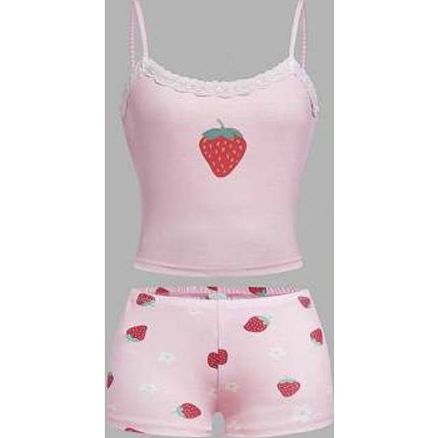 SHEIN 2pcs Teenage Girl Cute Minimalist Strawberry Pattern Lace Trim Camisole & Shorts Soft Comfy Skin-Friendly Sleepwear Set, Valentine&#39;s Day