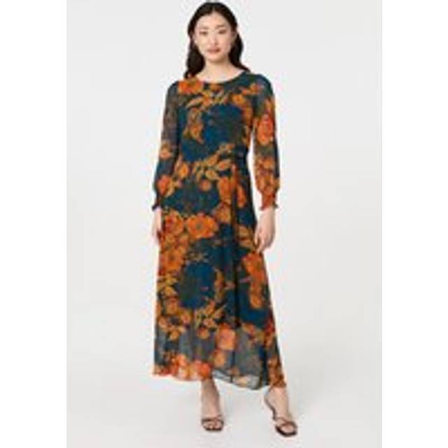 Floral Semi Sheer Tie Waist Maxi Dress - Orange - 12