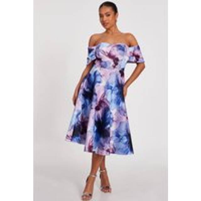 Womens Light Blue Petite Floral Skater Dress - 12