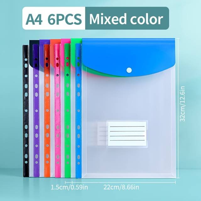 TEMU 6-pack A4 High-capacity Loose Leaf File Bags With 11-hole Binder Rings, Modern Pp Material, Expandable Button And Label Pockets For School, Home, Office, Attendance, Travel - Portable Design