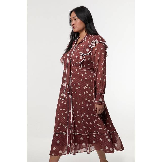 Plus Size Mixed Dot Piped Ruffle Georgette Midi Dress - Mocha