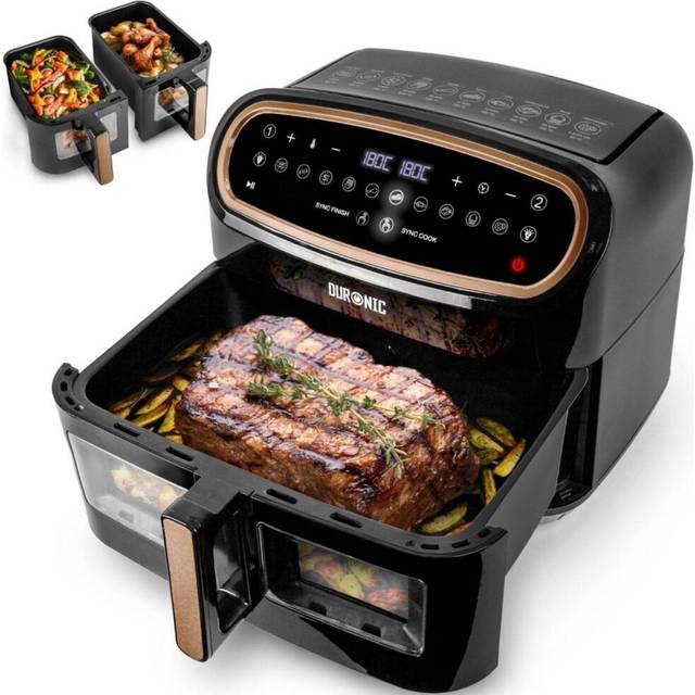 Duronic air fryer af34 bg, 3 draws included, dual zone black and rose gold famil
