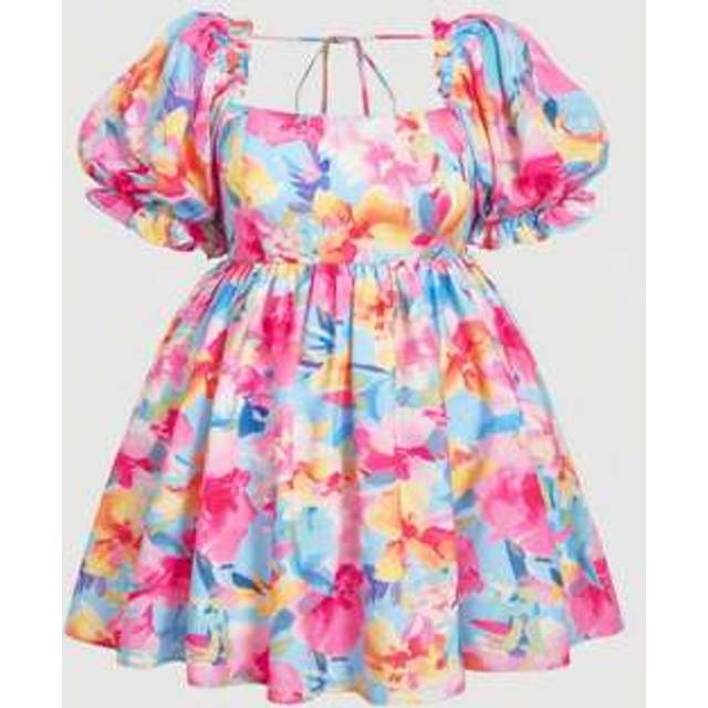 SHEIN Plus Size Square Collar Retro Palace Puff Sleeve Cute Girl Doll Dress.Womens Summer Dresses
