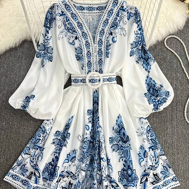 TEMU Vintage Style Floral Print V-neck Dress With Lantern Sleeves And Belt