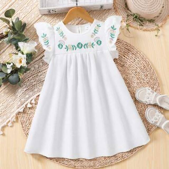 SHEIN Little Girls Cute Embroidered Round Neck Short Sleeve Casual Summer Dress