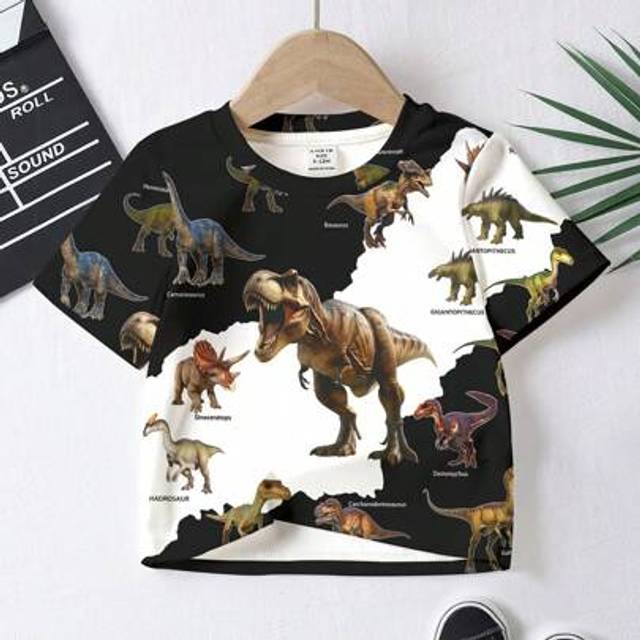 SHEIN Toddler Boy Casual Minimalist Fashion Stylish Classic Cretaceous Period Dinosaur Graphic Round Neck Short Sleeve T-Shirt, Suitable For Summer