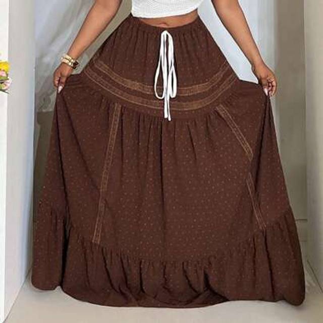 Slaydiva 2025 Spring & Summer New Boho, Music Festival & Vacation Style Brown Loose A-Line Floral Lace Patchwork Ruffled Hem Woven Cutwork Fabric Long Skirt Fo