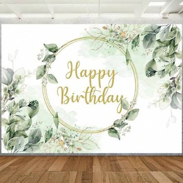 SHEIN 1pc Happy Birthday Photography Backdrops Green Eucalyptus Leaves Golden Circle Photo Background 59.1*39.4/82.7*59.1 Inches Newborn Party Banner Indoor