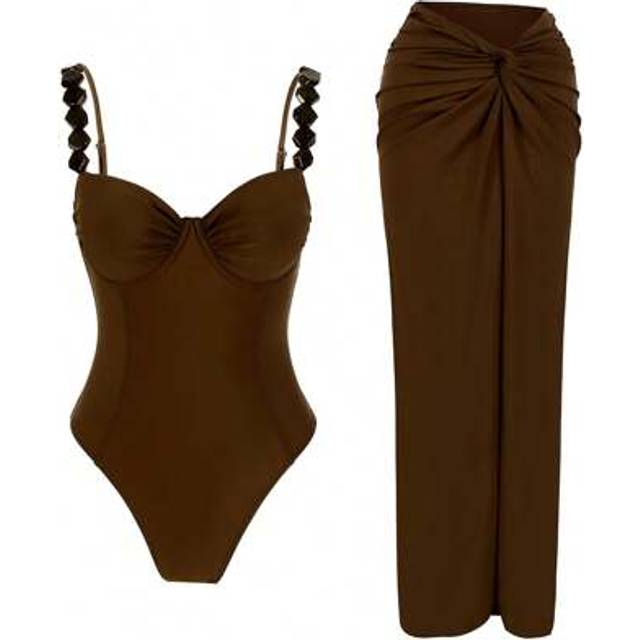 SHEIN Europe & US Style Solid Color Sexy Women One-Piece Swimsuit Set