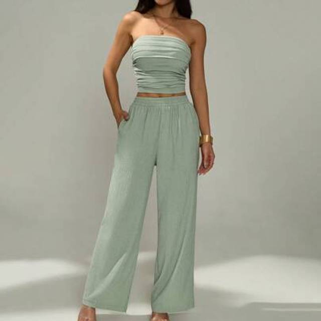 SHEIN Women 2pcs/Set Summer Casual Solid Color Ruched Bandeau Top And Long Pants