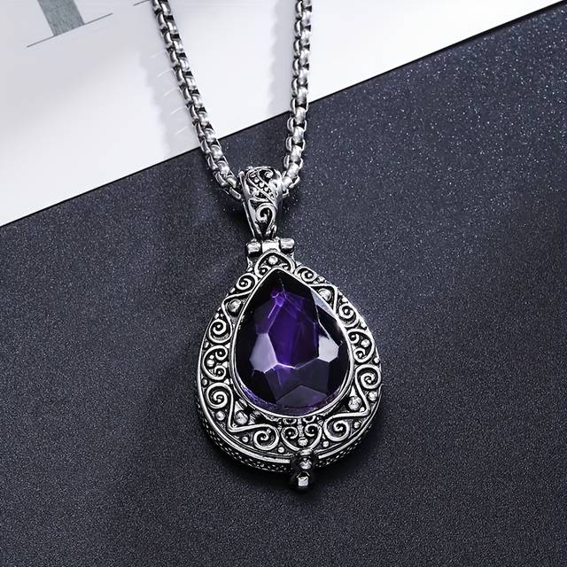 TEMU Elegant Vintage-style Teardrop Amethyst Pendant Necklace With Design - Copper, Ideal For & Parties, Perfect Gift For Women, Cute Necklace