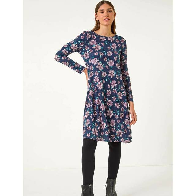 Floral Print Swing Stretch Midi Dress - Navy - 14