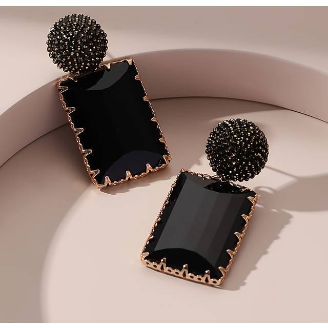 TEMU 1 Pair Vintage Black Rectangular Crystal Earrings For Men, Alloy Drop Dangle With Synthetic Cubic Zirconia, Stainless Steel Post, Fashion Jewelry Accessories