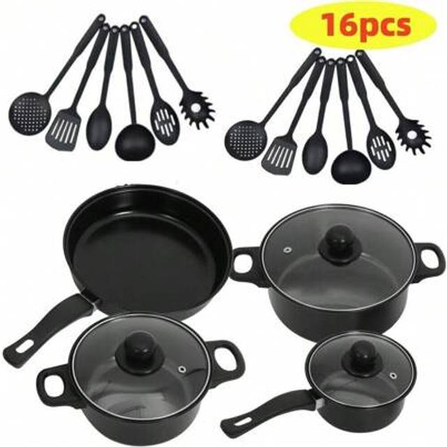 SHEIN 16pcs Cookware Set Pan Pot Non Stick Saucepans Frying Pan Cookware Set Glass Lid