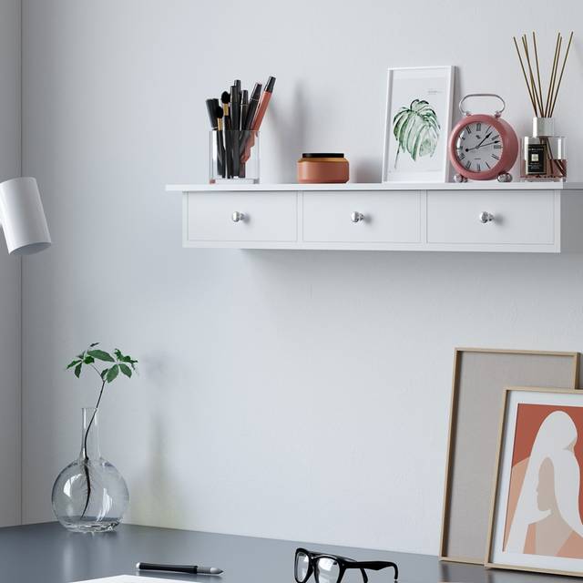 TEMU Floating Wall Shelf With 3 Drawers, Wall Storage Unit, 80 X 15 X 10 Cm, For Hallway, Living Room, Bedroom, Kitchen, High Gloss Painting, White