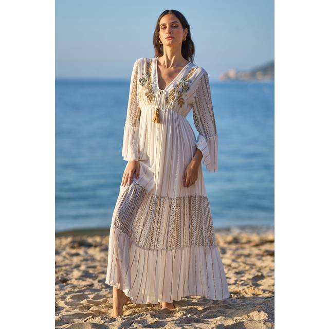 White Metallic Embellished Maxi Dress With Long Sleeves - 16