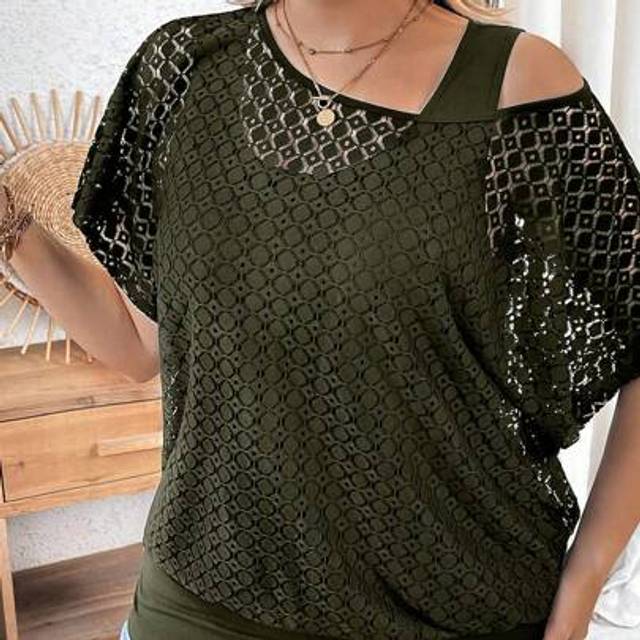 Calvaya Plus Size Women Lace Fabric Asymmetrical Neck Cover Up, Inner Matching Camisole, 2 In 1, Cinched Waist, Casual Outdoor Travel Commute Cover Up