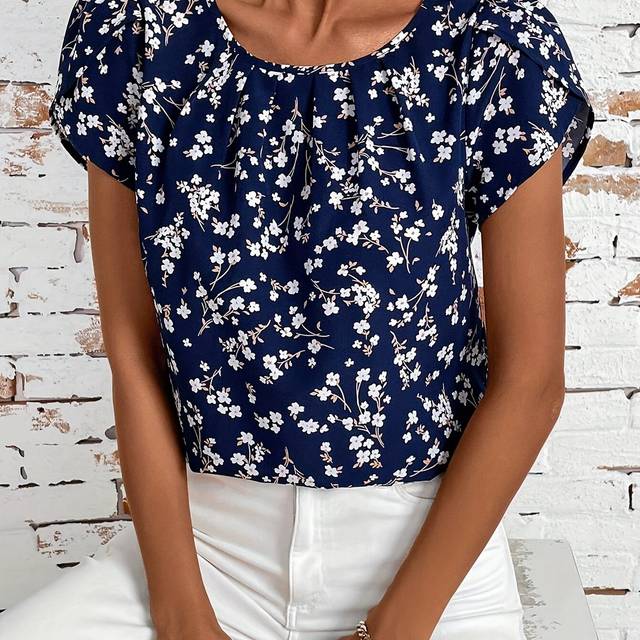 TEMU Women's Vintage Floral Print Short Sleeve Blouse - Navy Blue With White Ditsy Flowers, Round Neck, Spring/summer, Casual Attire, Casual Attire|vintage Floral Blouse|short Sleeve Top