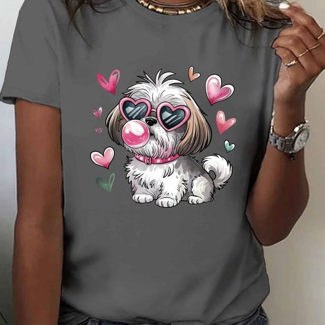 TEMU Women's Shih Tzu With Glasses Print T-shirt - Short Sleeve Crew Neck Casual Top, Soft Stretchy Fabric, Machine Washable, , Regular Fit, Comfortable Clothing, Graphic Tee, Durable Tee