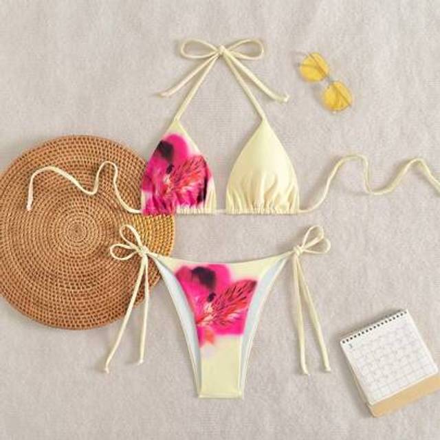 SHEIN Women Floral Print Tie Front Triangle Top And Side Tie Triangle Bottom Bikini Set, Summer