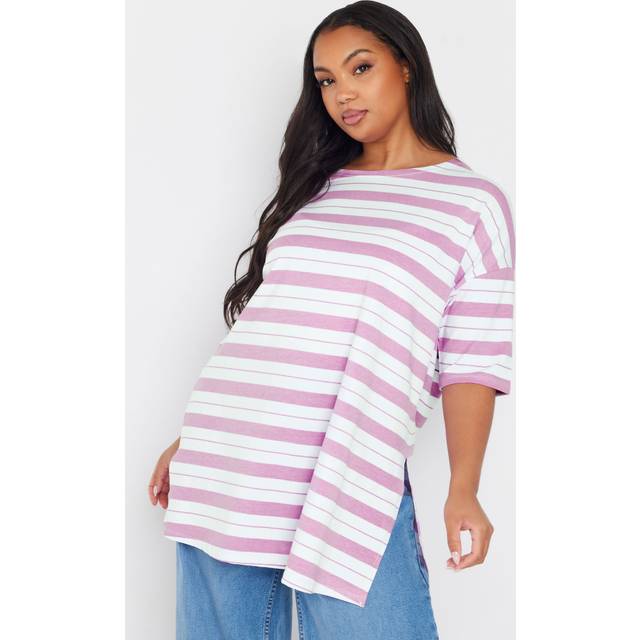 Yours Curve White & Pink Stripe Longline Tshirt, Women's Curve & Plus Size, Yours - 22-24