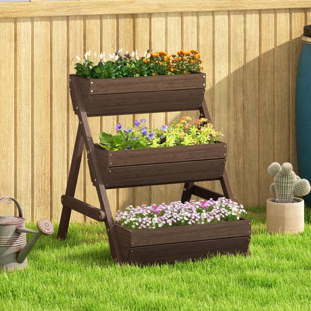 Outsunny 3 Tier Raised Garden Bed Wooden Elevated Planter Box Kit, Tan, Brown